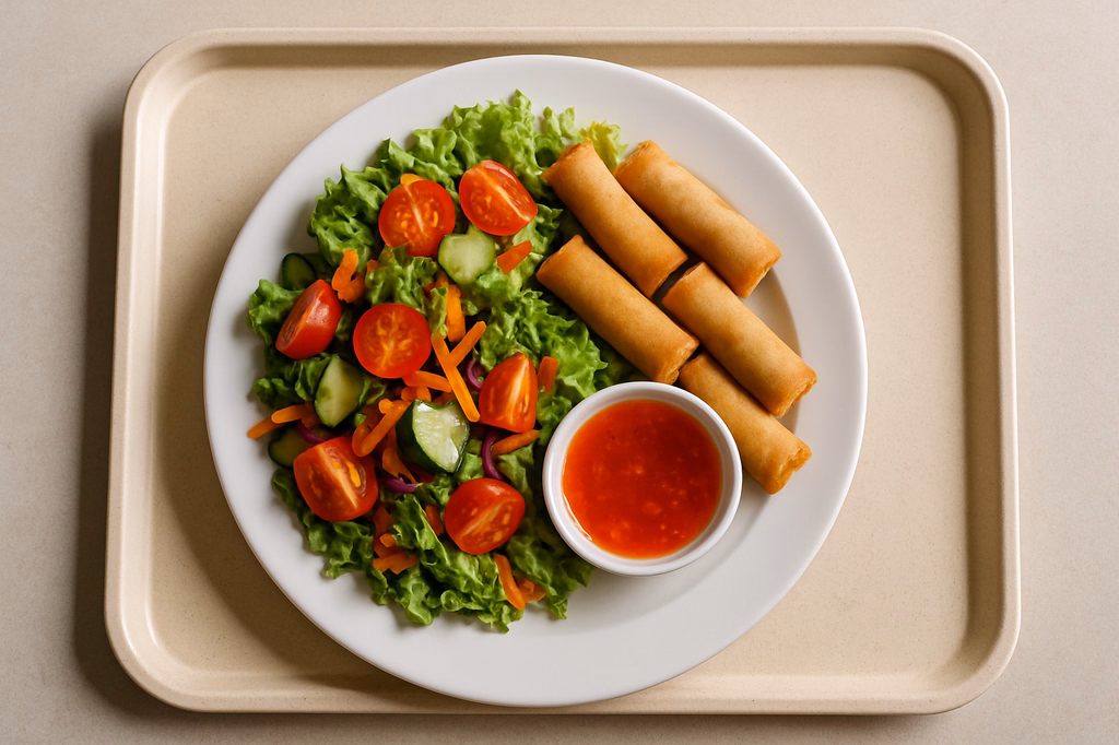Sommerlicher Salatteller mit Mini - Frühlingsrollen und Sweet - Chili - Dip (AI Generated)