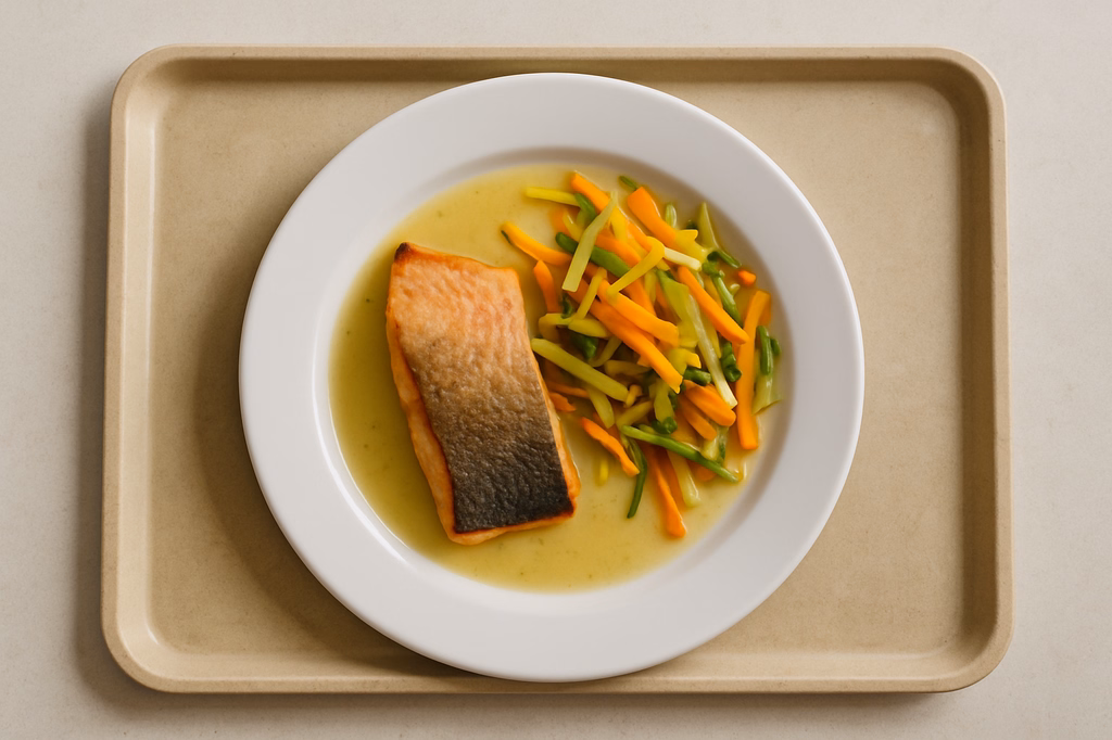 Norwegisches Lachsfilet auf fränkischer Silvanersoße mit Gemüsestreifen (AI Generated)