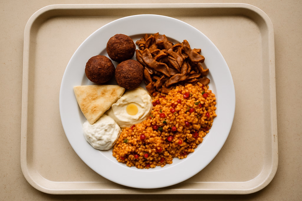 "Hatayli Mezze" orientalischer Vorspeisenteller mit Falafel, planted Kebab, Bulgur rote Linsen Salat mit Berberitze (AI Generated)