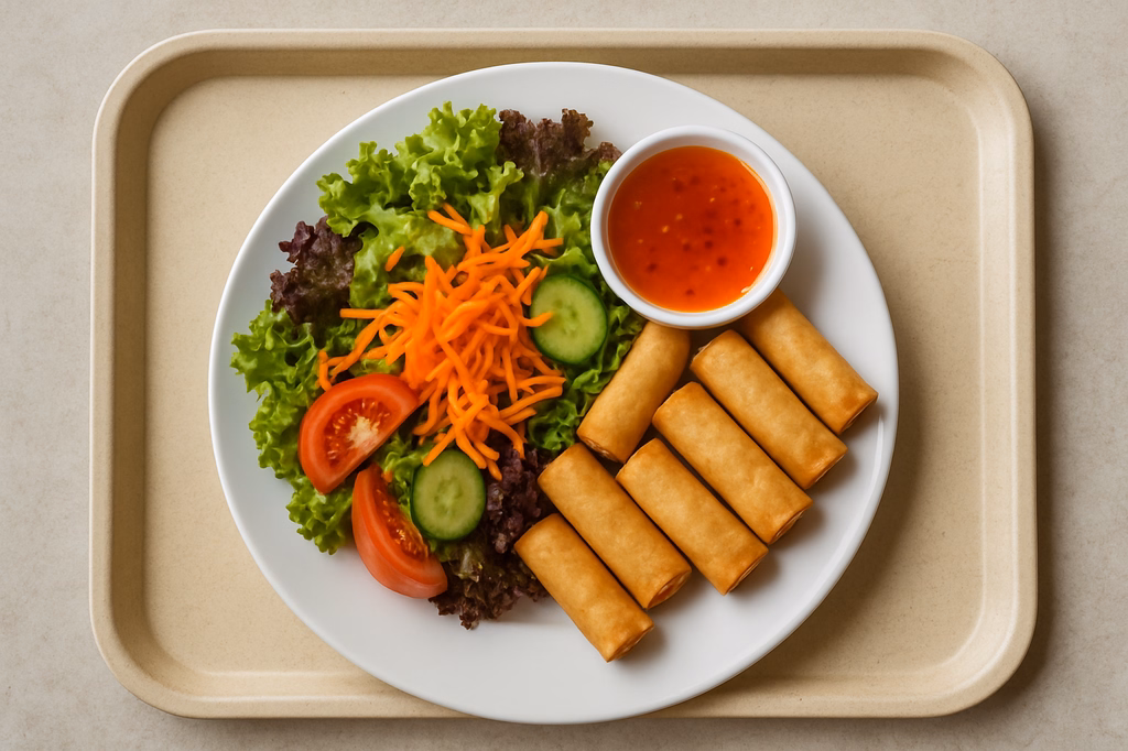 Sommerlicher Salatteller mit 7 Stück Mini - Frühlingsrollen und Sweet Chili Soße (AI Generated)