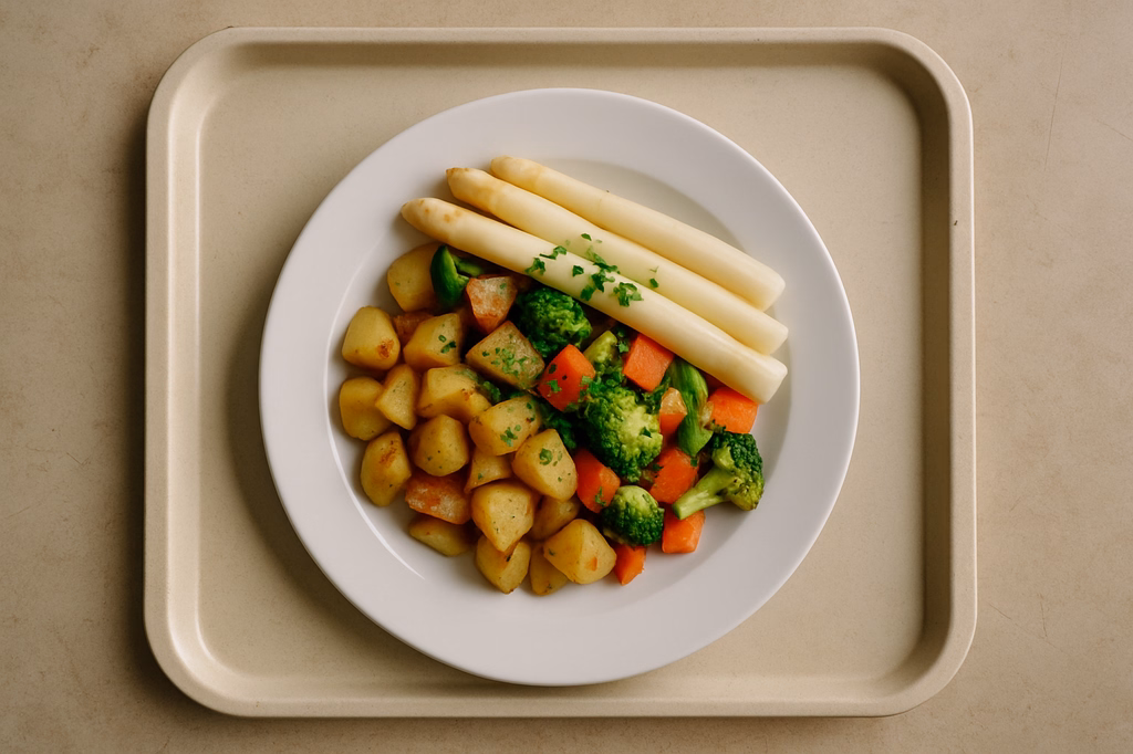 Bunte Kartoffelpfanne mit frischen fränkischem Spargel, frischen Gemüse & Gartenkräutern (AI Generated)