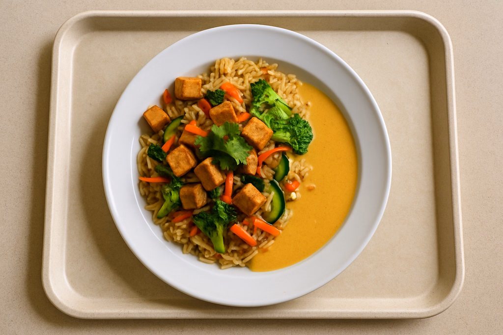 Asia Reispfanne mit mariniertem Tofu, frischem Gemüse, Koriander und Soße zur Auswahl süß-saure Asia-Soße Thai Kokoscurrysoße (AI Generated)