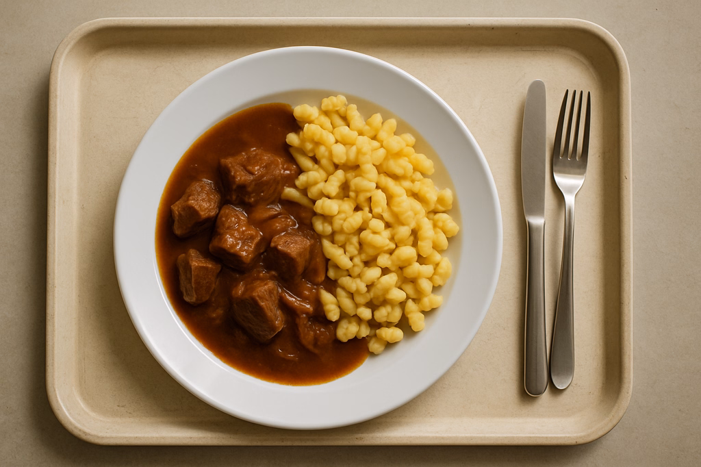 Fränkisches Zwiebelfleisch, dazu Eierknöpfle (AI Generated)