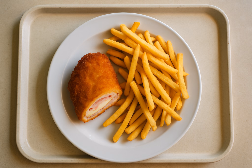 Hähnchen Cordon bleu gefüllt mit Putenschinken & Edamer dazu Super Crunch Pommes frites (AI Generated)