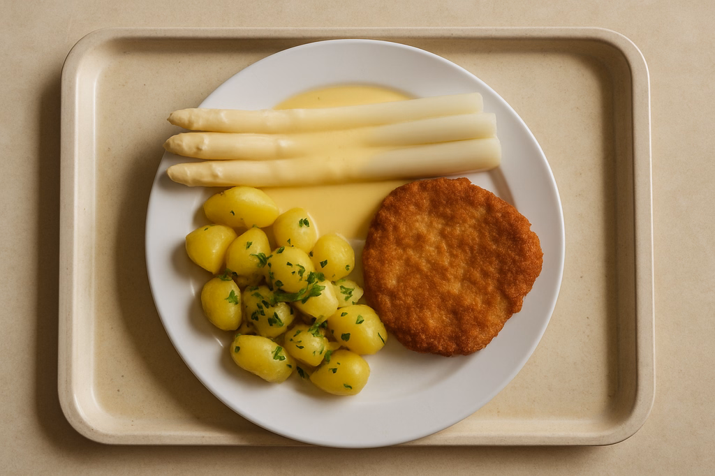 Frischer Spargel vom fränkischen Spargelbauer kleines Knusperschnitzel vom Schwein Kartoffeln mit frischem Bärlauch (AI Generated)