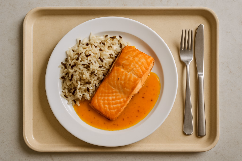 Gebratenes frisches Lachsfilet an Orangen-Pfeffersoße Wildreis (AI Generated)