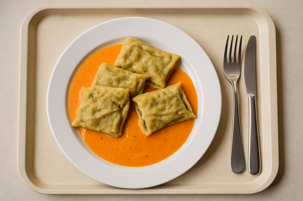 Schwäbische Gemüsemaultaschen mit mit veganer Karottencremesoße (AI Generated)