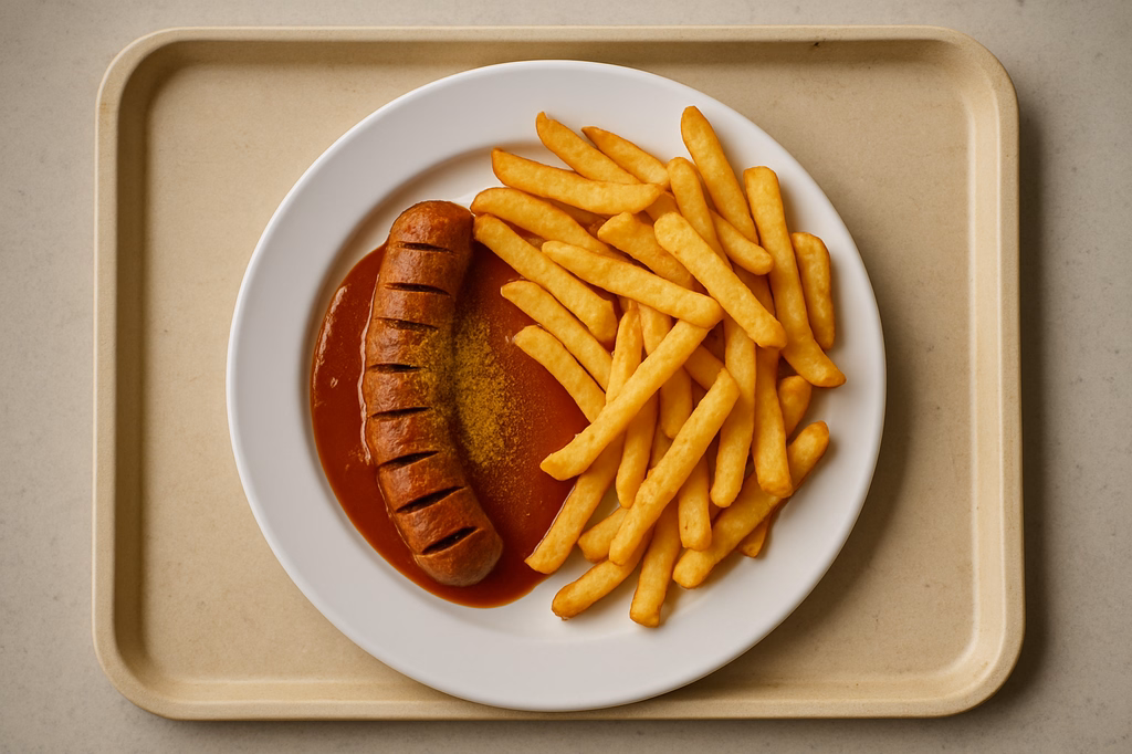 Vegane Currywurst vom Grill, dazu Super Crunch Pommes frites (AI Generated)