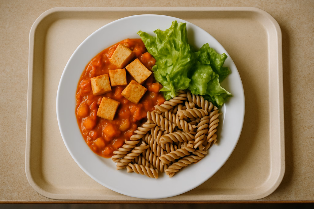 mensaVital: Tofu auf Tomaten - Gemüsesugo, Vollkornnudeln und Blattsalat (AI Generated)
