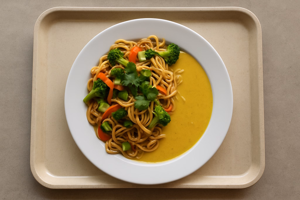 Asia Nudelpfanne mit frischem Gemüse, Koriander und freier Soßenauswahl Asia süß-saure Soße Thai Kokoscurrysoße (AI Generated)