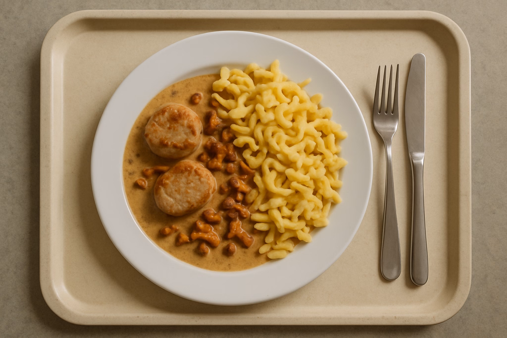 Schweinelendchen mit Rahmsoße von frischen Pfifferlingen & Speckwürfeln Butterspätzle aus der Pfanne (AI Generated)