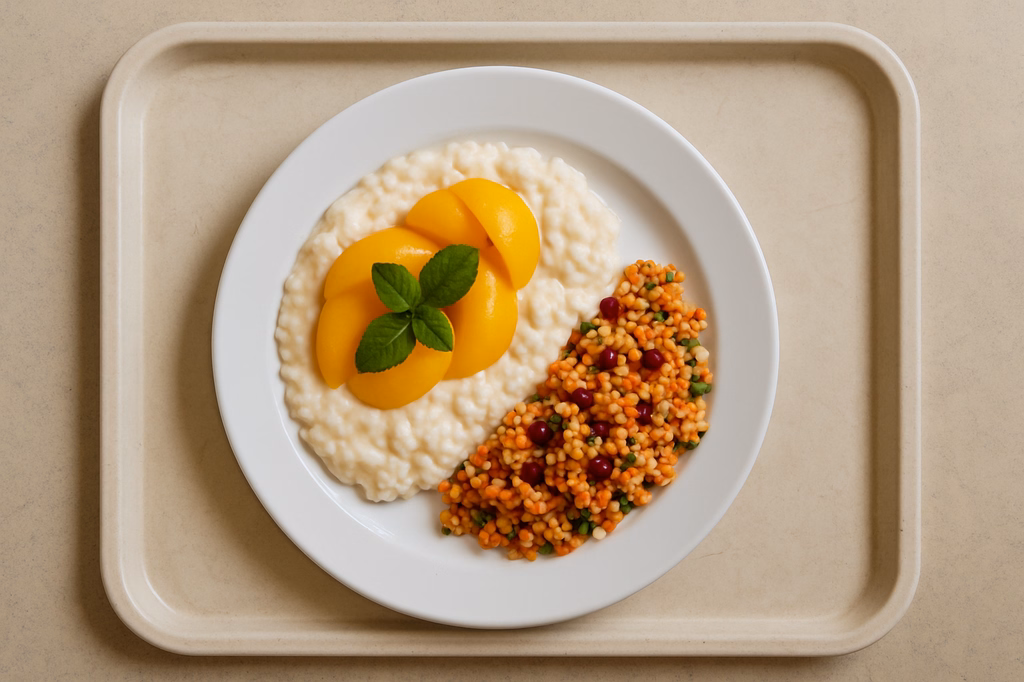 mensaVital: Pfirsich Mandel Milchreis mit frischer Minze, dazu ein kleiner Bulgur rote Linsen Salat mit Berberitze (AI Generated)