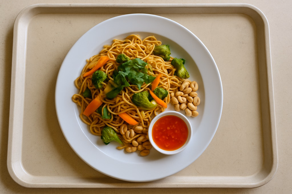 Gebratene Mienudeln "Asia Style" mit frischen Gemüse & Koriander, sweet Chili-Dip & Erdnüssen (AI Generated)