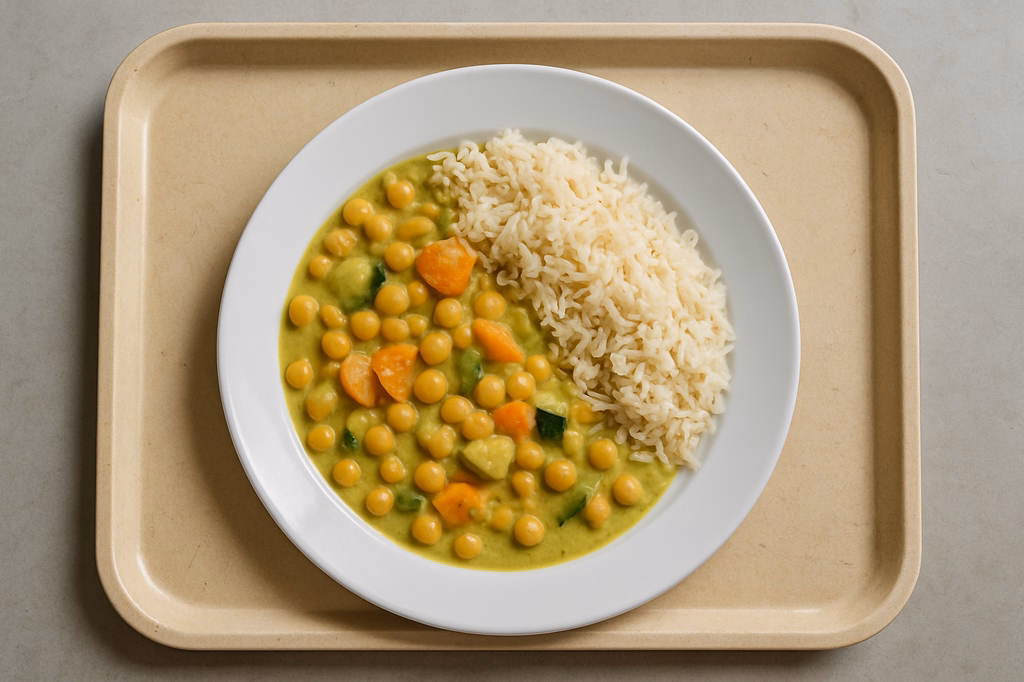 Vegane Kichererbsen Gemüsepfanne in milder grüner Currycreme & Fair Trade Basmatireis (AI Generated)