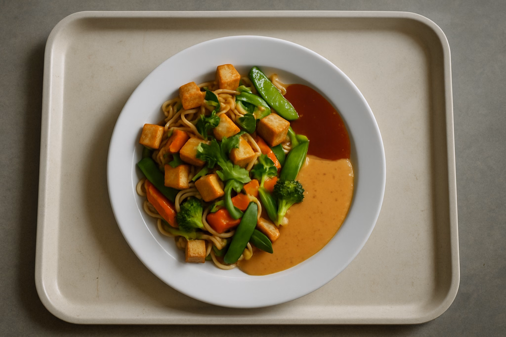 Asia Nudelpfanne mit Tofu, frischem Gemüse, Koriander und freier Soßenauswahl Asia süß-saure Soße Thai Kokoscurrysoße (AI Generated)