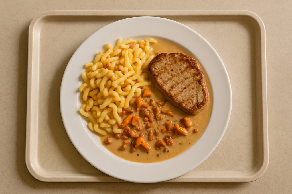 Schweinerückensteak vom Grill mit Rahmsoße von frischen Pfifferlingen & Speckwürfel Butterspätzle aus der Pfanne (AI Generated)