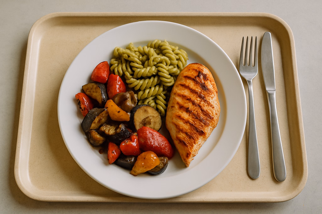 Mediterranes Grillgemüse mit Pestonudeln & gegrillter Hähnchenbrust (AI Generated)