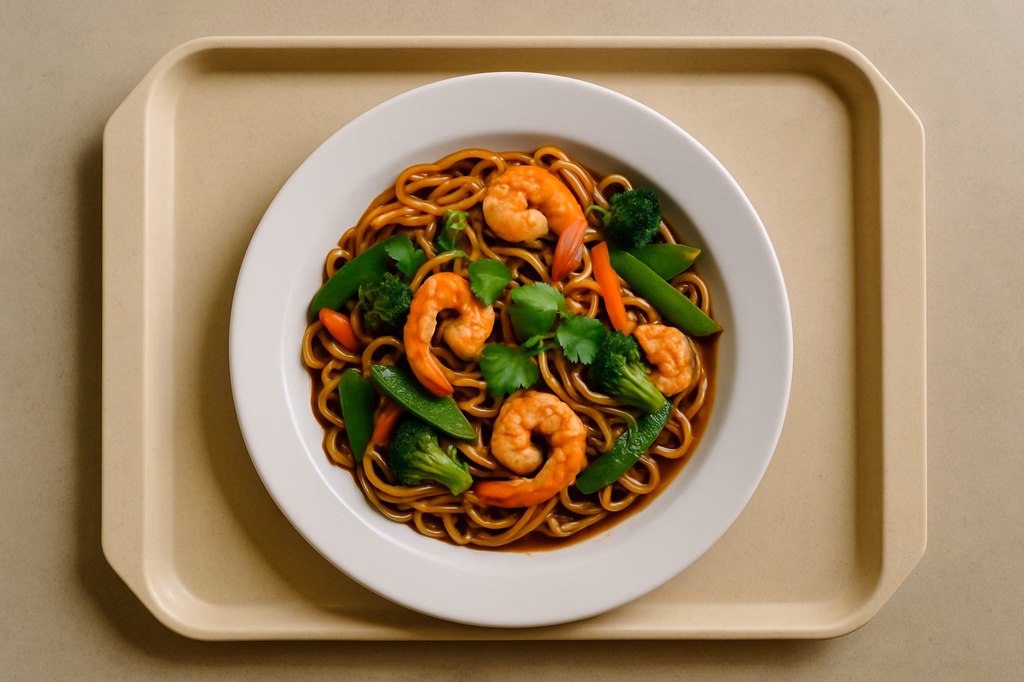 Asia Nudelpfanne mit marinierten Garnelen, frischem Gemüse, Koriander und Teriyakisoße (AI Generated)