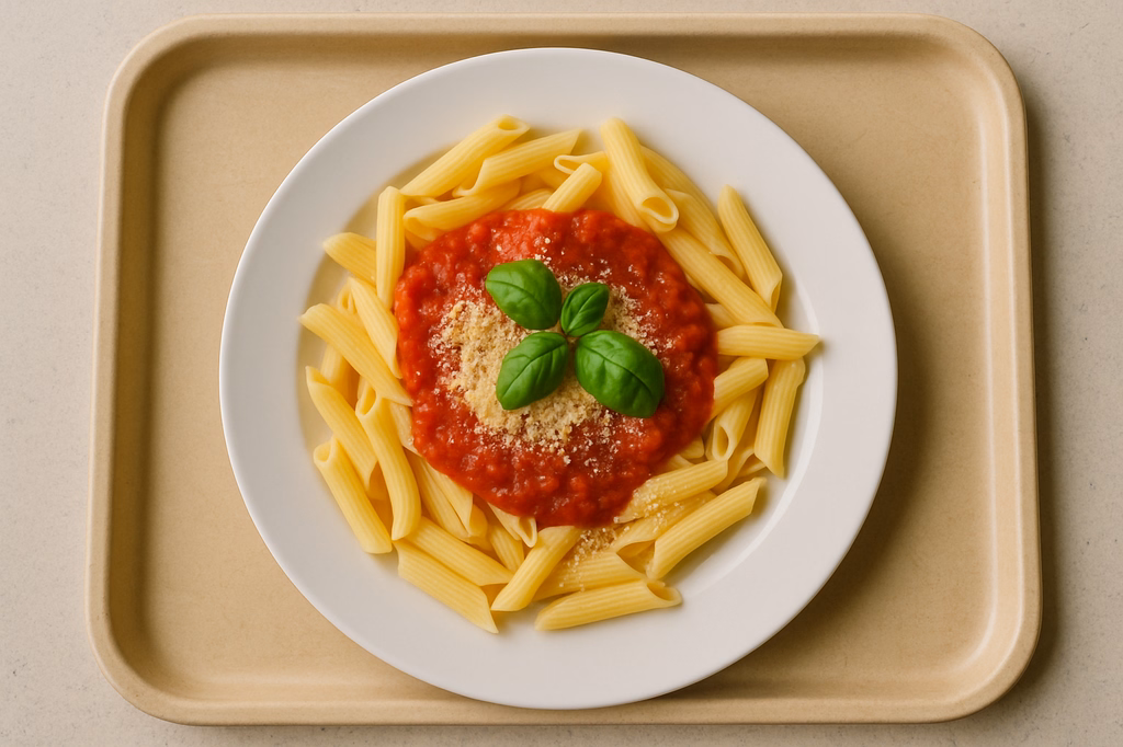 Pasta "Neapolitana" mit Tomatensoße, frischem Basilikum & veganem Reibkäse (AI Generated)