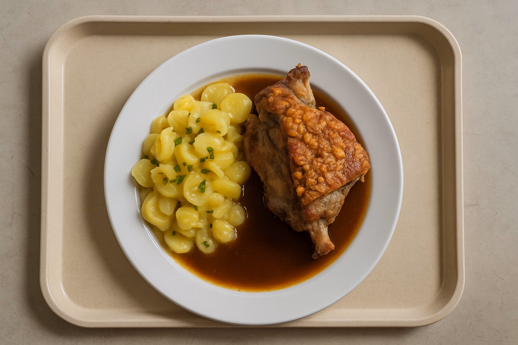 Knuspriges Schweineschäufele mit Bratenjus, dazu Kartoffelsalat (AI Generated)