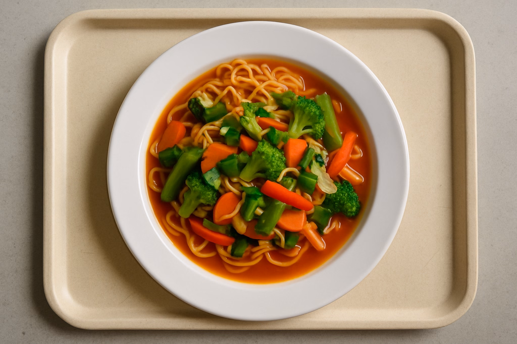Asia Nudelpfanne mit frischem Gemüse, Koriander und Soße zur Auswahl Asia süß-saure Soße Thai Kokoscurrysoße (AI Generated)