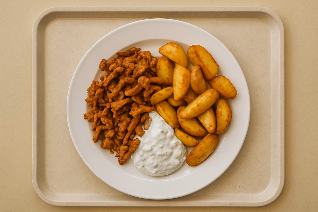 Gyros vom Schwein hausgemachtem Tsatsiki gebackene Patatas (AI Generated)