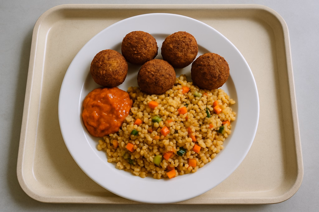 Falafelbällchen mit veganem Paprika - Auberginen - Dip Bulgurgemüse (AI Generated)