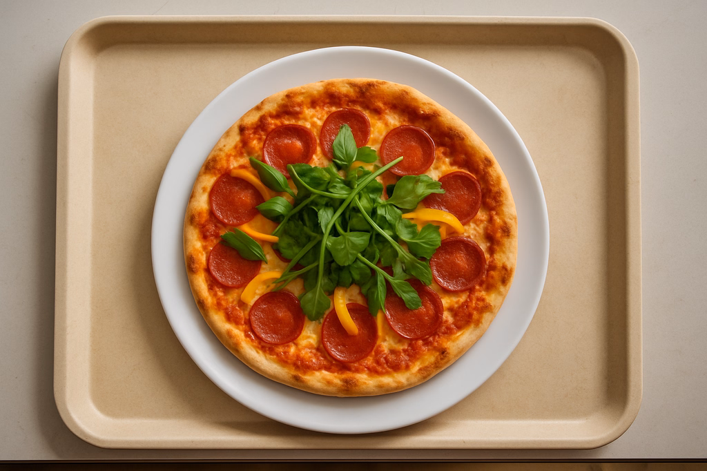 Pizza "Peperone" mit Peperonisalami, frischem Paprika, Basilikum & Rucola (AI Generated)