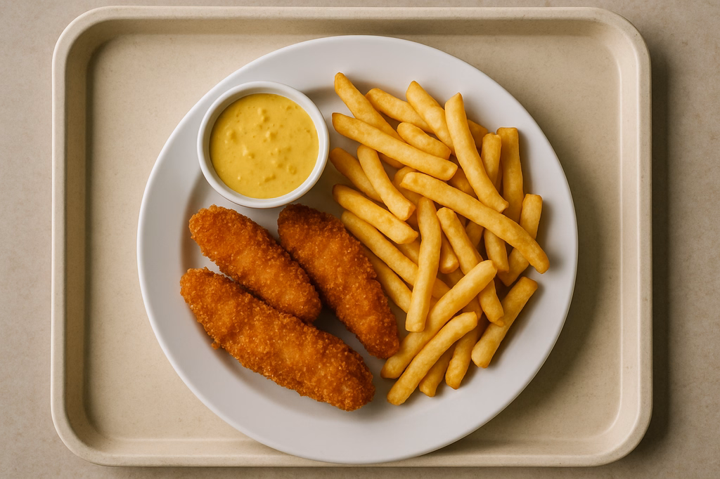 Crunchy Chicken mit Curry - Ananasdip und Super Crunch Pommes frites (AI Generated)