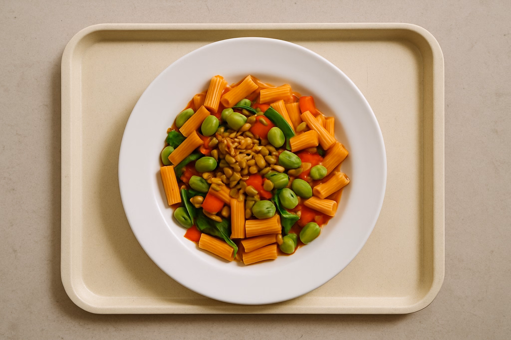 mensaVital: Vegane Pasta mit Favabohnen, Paprika und gerösteten Sonnenblumenkerne (AI Generated)