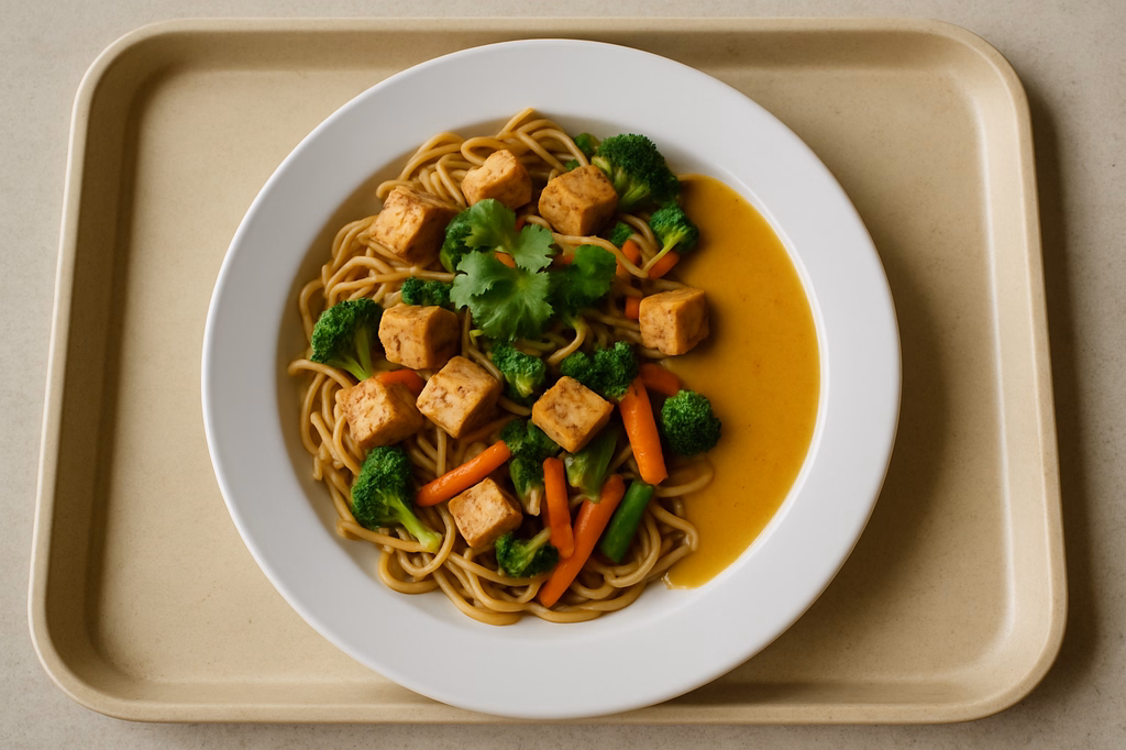 Asia Nudelpfanne mit marinierten Tofu, frischem Gemüse, Koriander und freier Soßenauswahl Asia süß-saure Soße Thai Kokoscurrysoße (AI Generated)