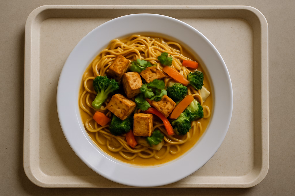 Asia Nudelpfanne mit marinierten Tofu, frischem Gemüse, Koriander und Thai Kokoscurrysoße (AI Generated)