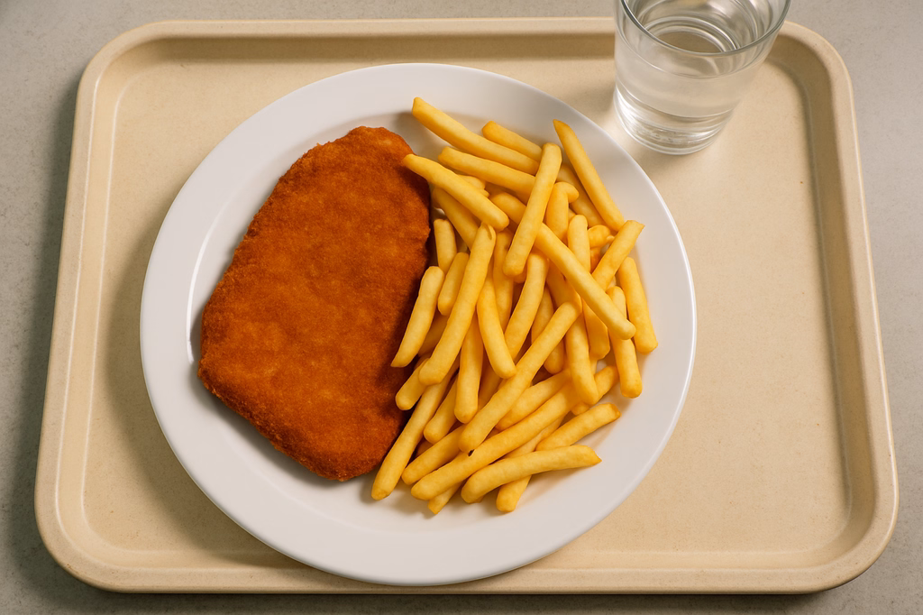 XXL Knusperschnitzel vom Schweinelachs mit Super Crunch Pommes frites (AI Generated)