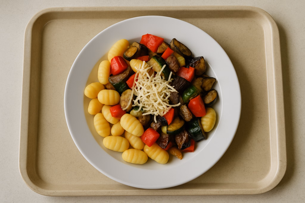 Kartoffelgnocchi mit mit mediterranem Grillegemüse, veganer Reibkäse (AI Generated)