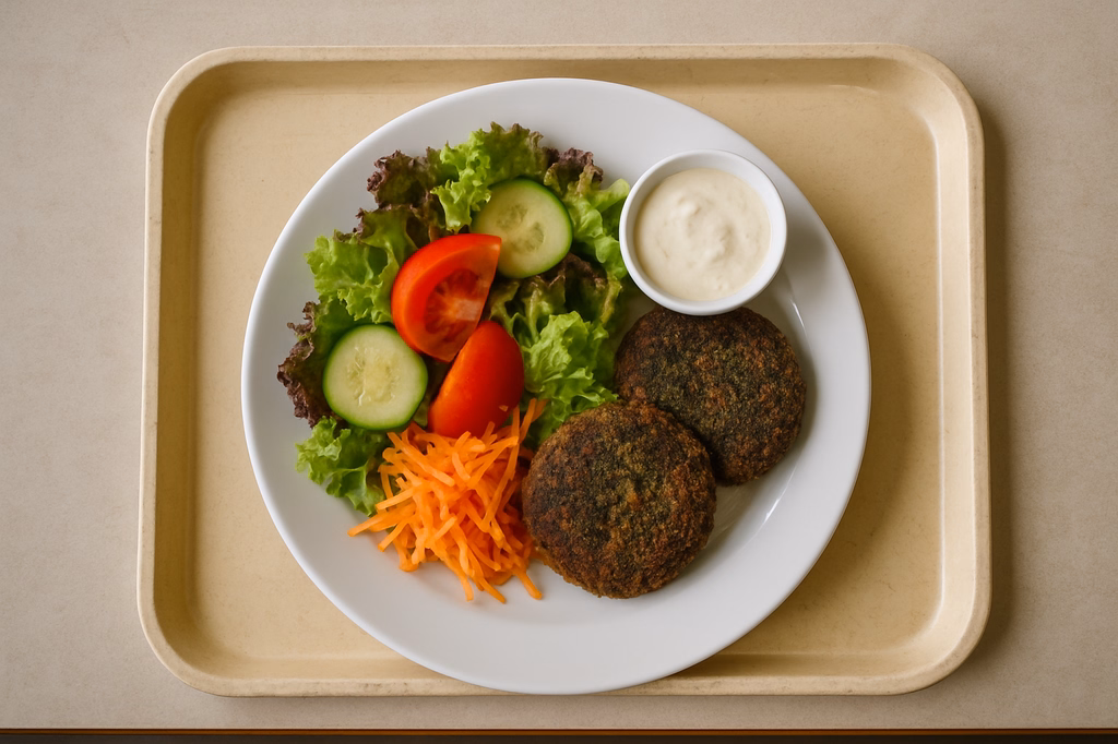 Sommerlicher Salatteller mit 2 Grünkohl- Hanfbratlingen und veganem Dip (AI Generated)