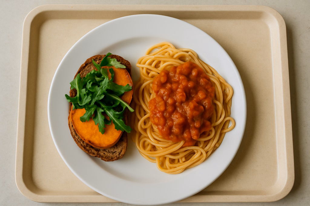 Süßkartoffel - Rucolaschnitte, dazu Tomaten Gemüsesugo Linguine (AI Generated)