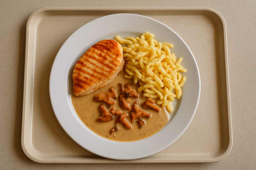 Putenbruststeak vom Grill Rahmsoße von frischen Pfifferlingen Butterspätzle aus der Pfanne (AI Generated)