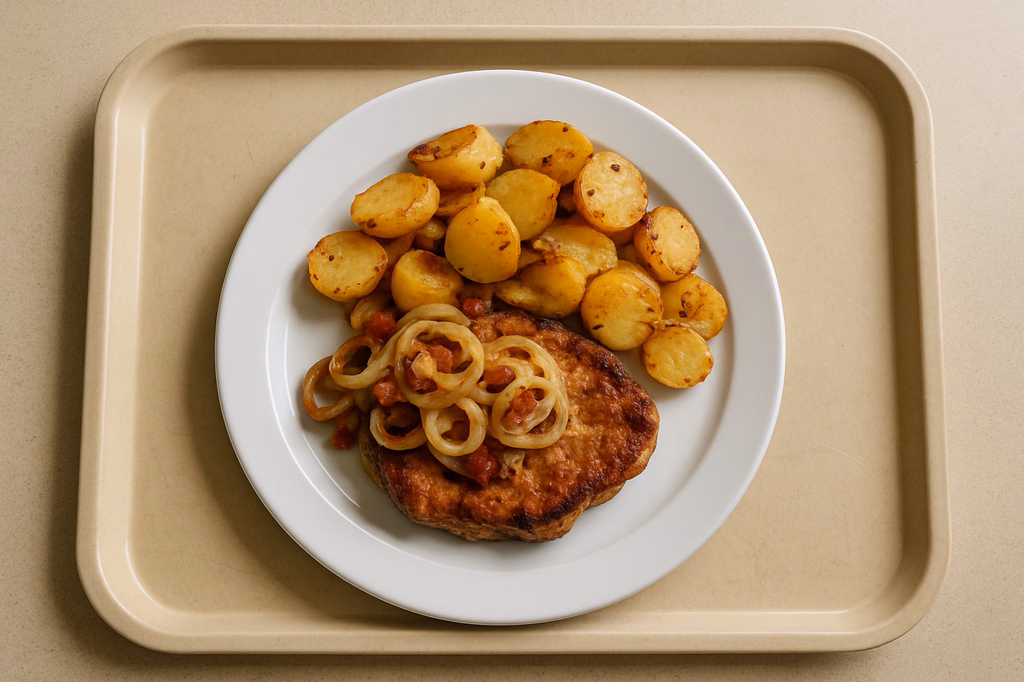 Schweinekammsteak "Holzfäller" mit Speck & Zwiebeln dazu Bratkartoffeln aus der Pfanne (AI Generated)