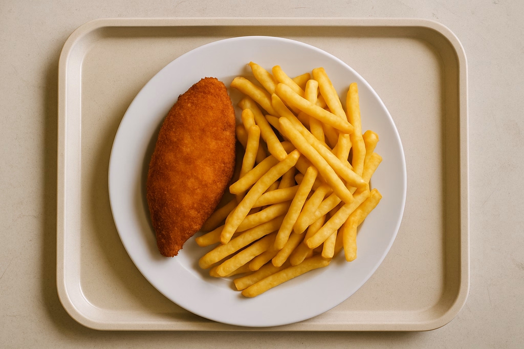 Hähnchen Cordon bleu gefüllt mit Putenschinken & Edamer, dazu Super Crunch Pommes frites (AI Generated)