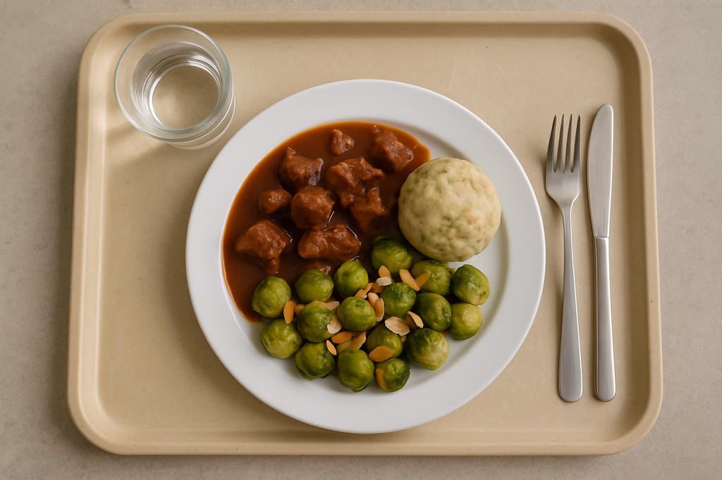 mensaVital: Rindergulasch mit Mandelrosenkohl und Semmelknödel (AI Generated)