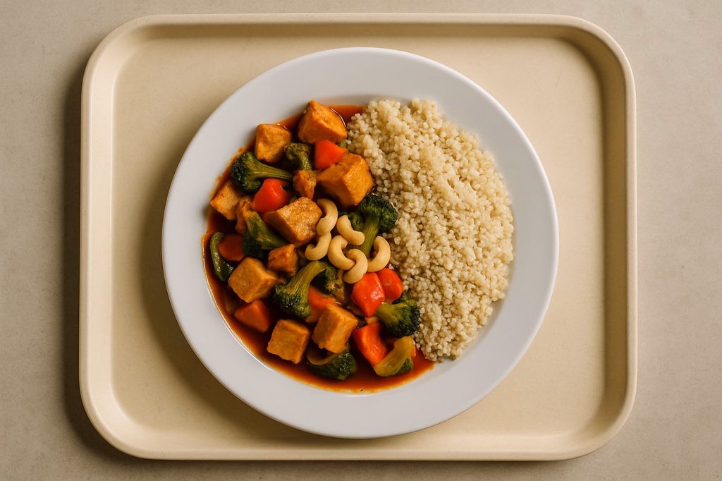 Protein - Gemüsepfanne mit Tofu, weißen Quinoa, Cashewkerne und pikante mauretanische Harissasoße (AI Generated)