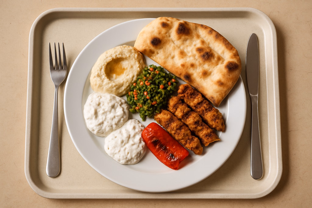"Hatayli Mezze" Vorspeisenteller mit Hähnchen Kebab, Fladenbrot Paprika (AI Generated)