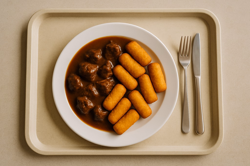 Saftiges Rindergulasch dazu Kartoffelkroketten (AI Generated)