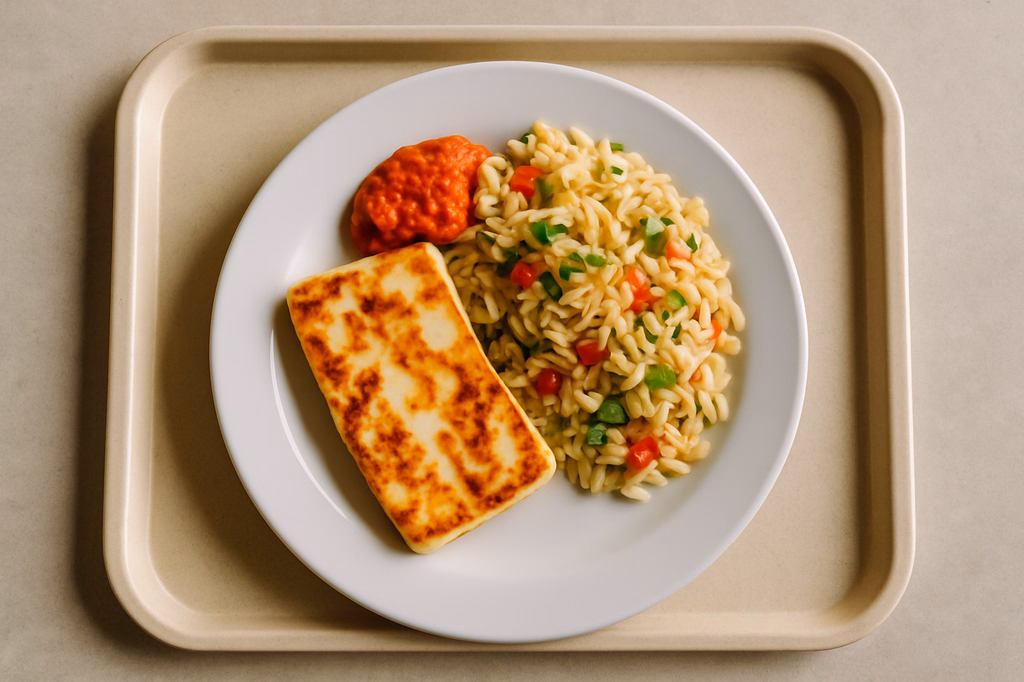mensaVital: Gebratener Grillkäse mit Ajvar und Kritharaki - Salat (AI Generated)