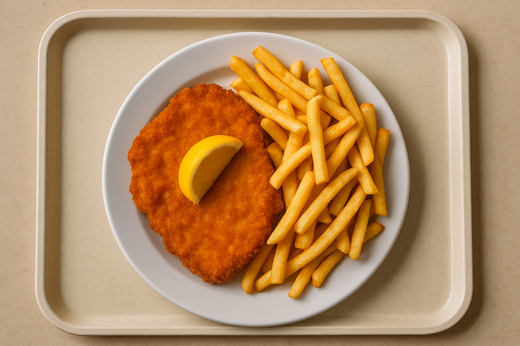 XXL Knusperschnitzel vom Schweinelachs mit Zitrone Super Crunch Pommes frites (AI Generated)