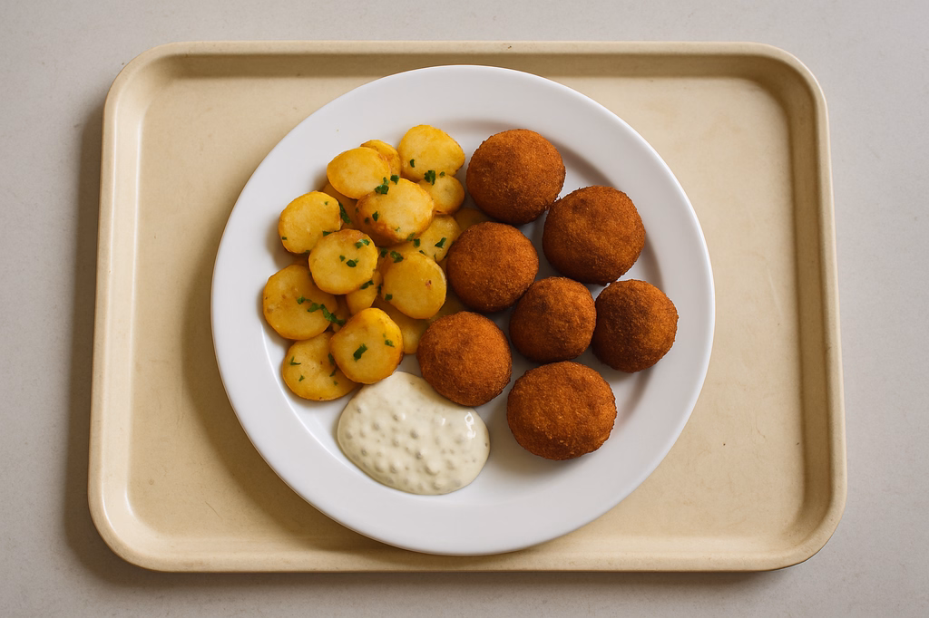 Gebackene Champignonköpfe mit Sauce Tartar Schwenkkartoffeln (AI Generated)