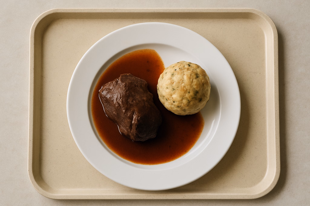 Geschmorte Ochsenbäckchen in Rotweinjus mit Semmelknödel (AI Generated)