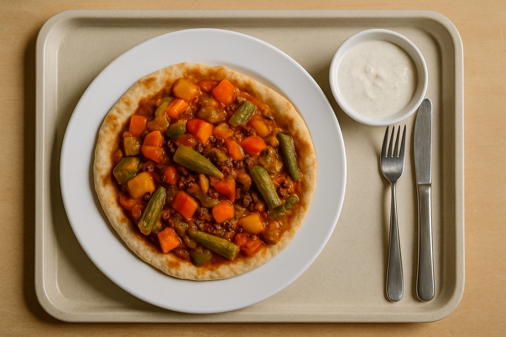 Orientalische Gemüspfanne mit Okraschoten & Berberitzen auf Fladenbrot veganer Tandoori Dip (AI Generated)