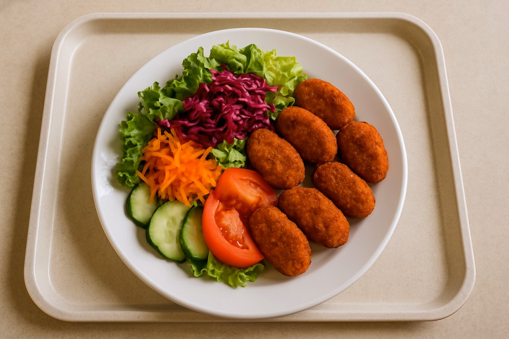 Großer bunter Salatteller, saisonal frische Marktsalate mit feurigen veganen Plant Chili Nuggets (AI Generated)