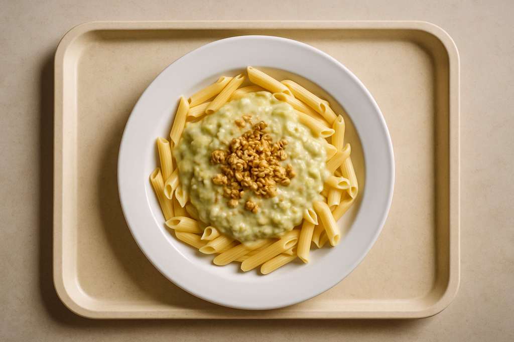 mensaVital: Pasta mit veganer Lauch - Creme - Soße und gehackten Walnüssen (AI Generated)